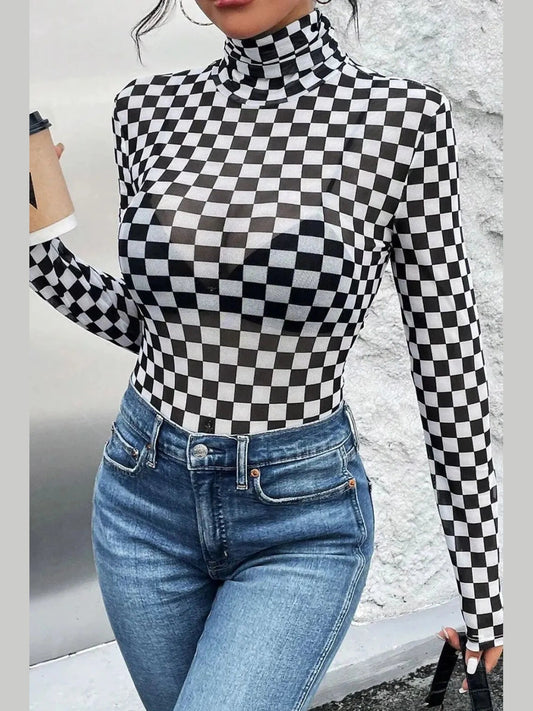 Checkered Turtleneck Long Sleeve Bodysuit nicholesgifts