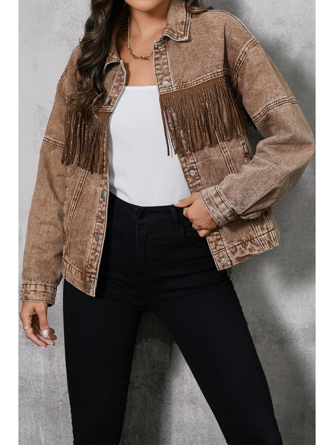 Fringe Trim Snap Down Denim Jacket nicholesgifts