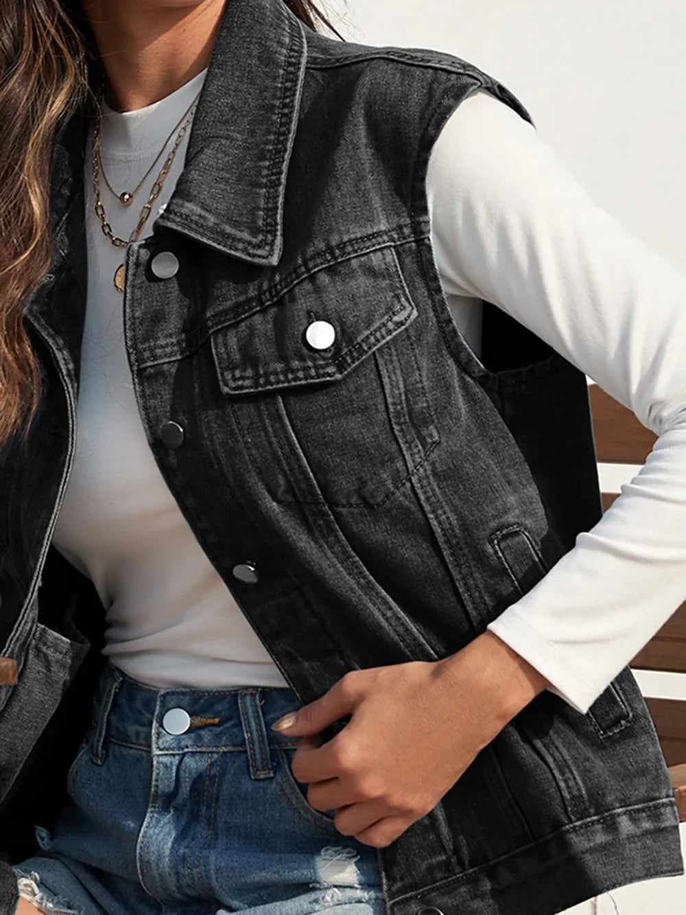 Collared Neck Sleeveless Denim Jacket nicholesgifts
