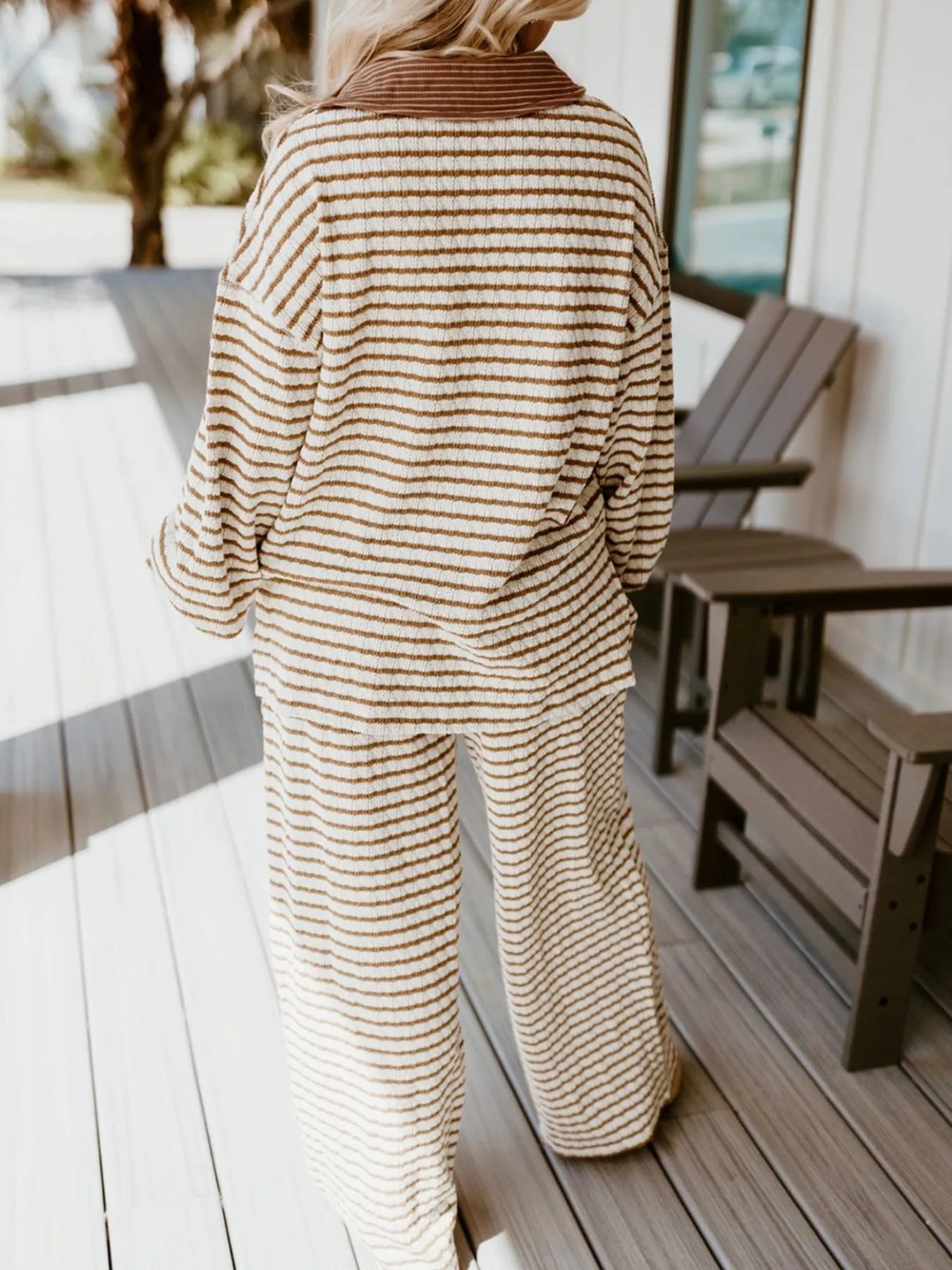 Stripe Collared Top and Drawstring Pant Set Trendsi