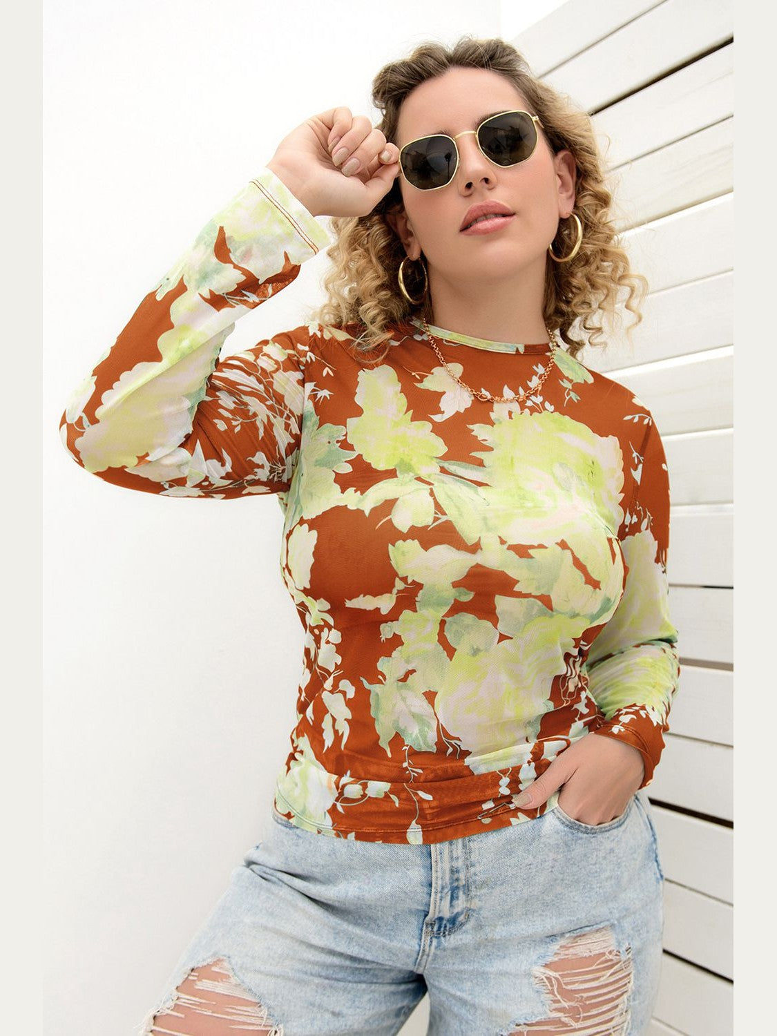 Plus Size Printed Round Neck Long Sleeve Blouse NicholesGifts