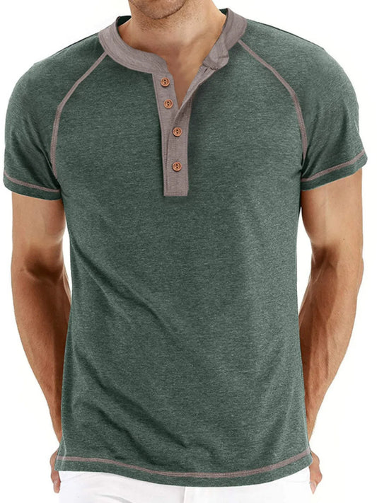 Men's Casual Henley Polo T-Shirt with Contrast Stitching Trendsi