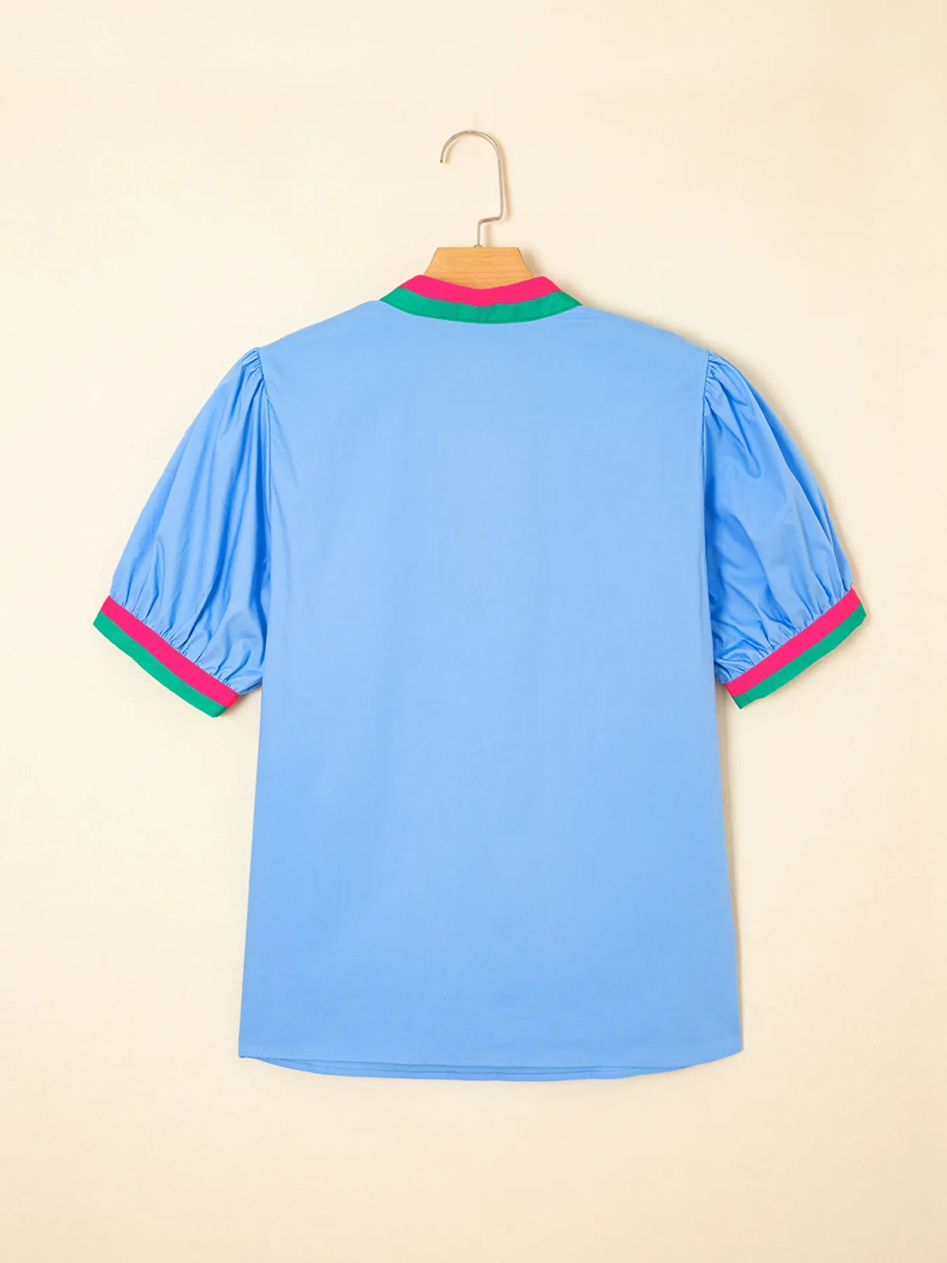 Contrast Trim Notched Short Sleeve Blouse NicholesGifts