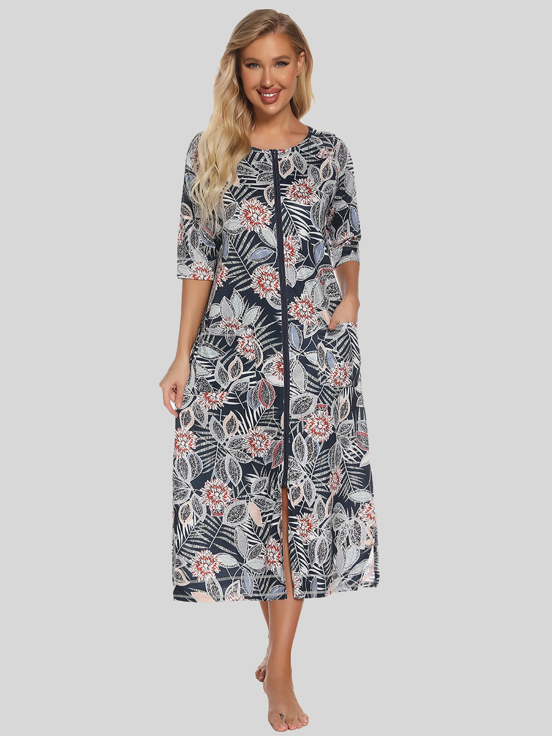 Printed Slit Night Dress with Pockets nicholesgifts