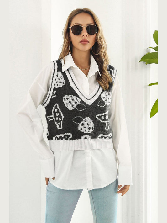 Printed Plunge Neck Sweater Vest nicholesgifts