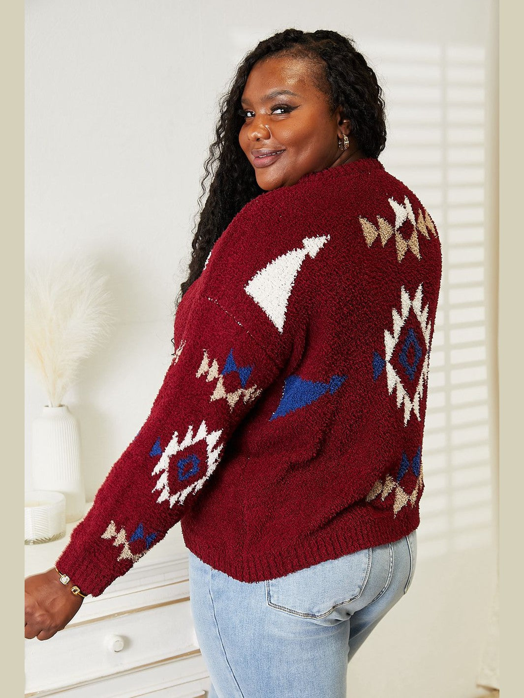 HEYSON Full Size Aztec Soft Fuzzy Sweater Trendsi