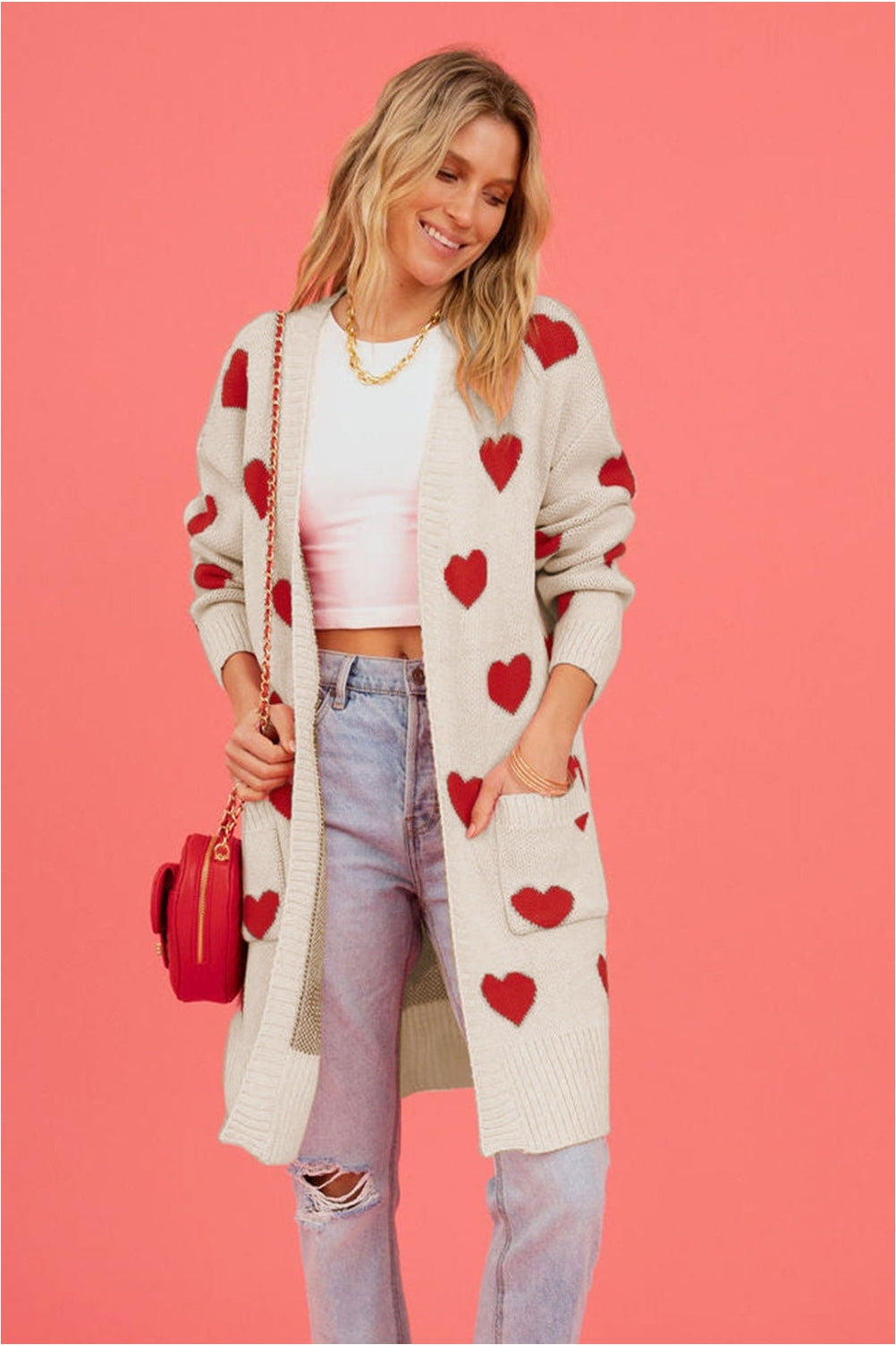 Heart Graphic Open Front Cardigan with Pockets nicholesgifts