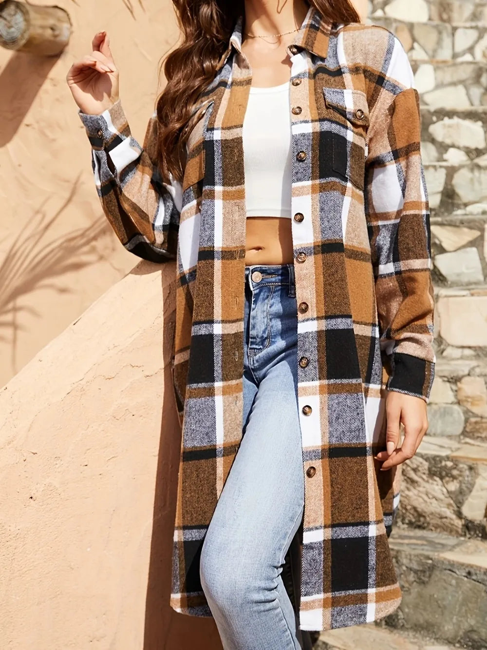 Plaid Collared Neck Long Sleeve Jacket NicholesGifts
