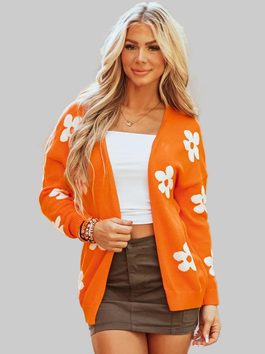 Women Flower Open Front Long Sleeve Cardigan Sweater nicholesgifts