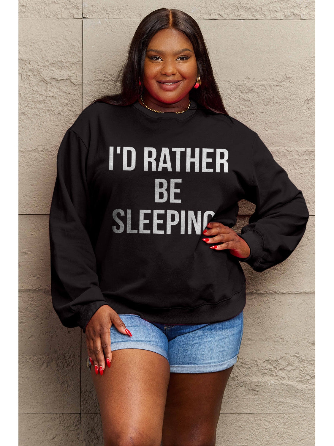 Simply Love Full Size I'D RATHER BE SLEEPING Round Neck Sweatshirt nicholesgifts