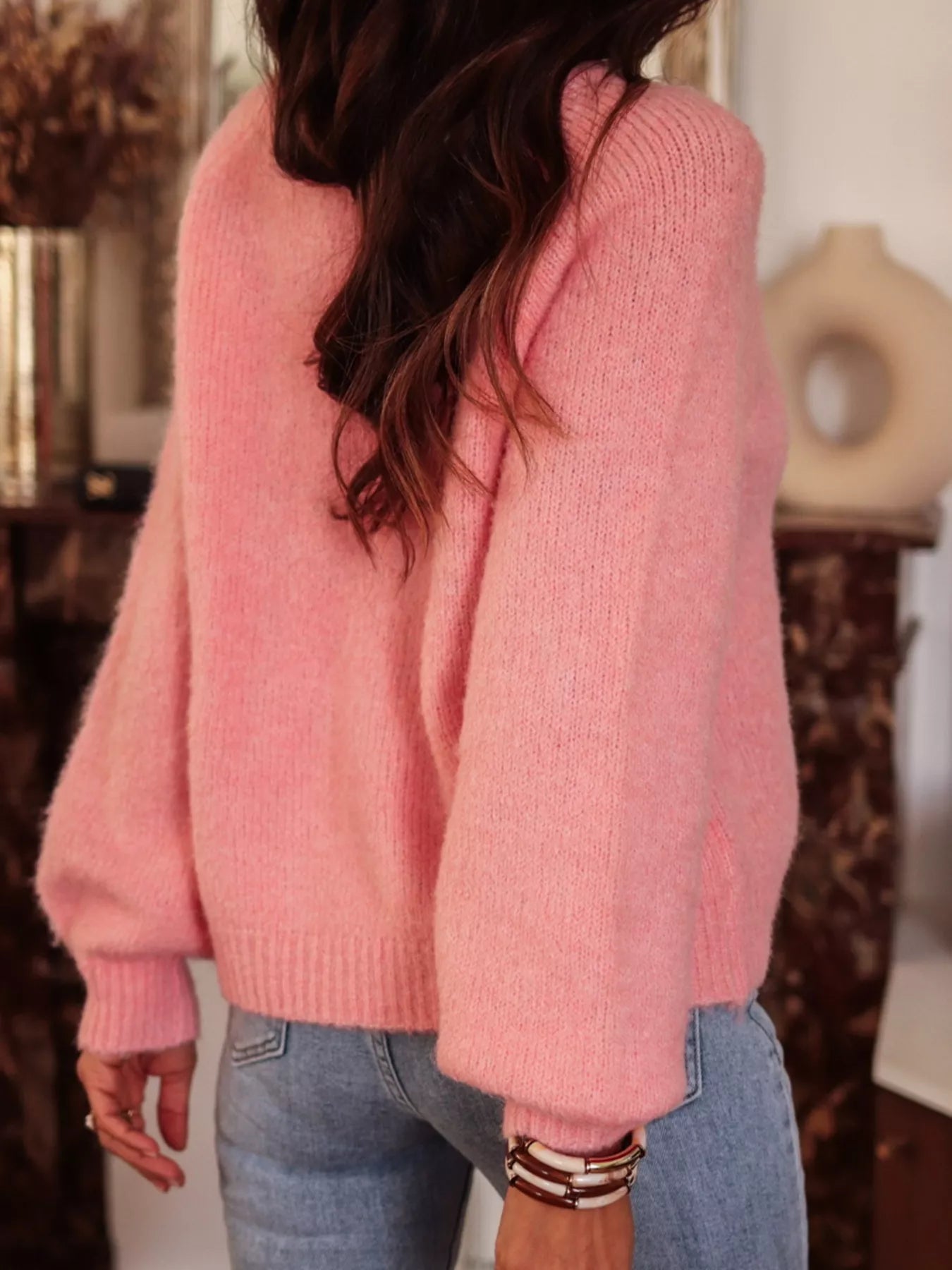 Button Detail Ribbed Hem Sweater