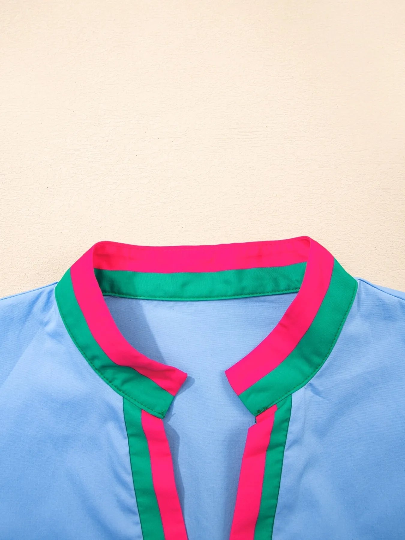 Contrast Trim Notched Short Sleeve Blouse NicholesGifts