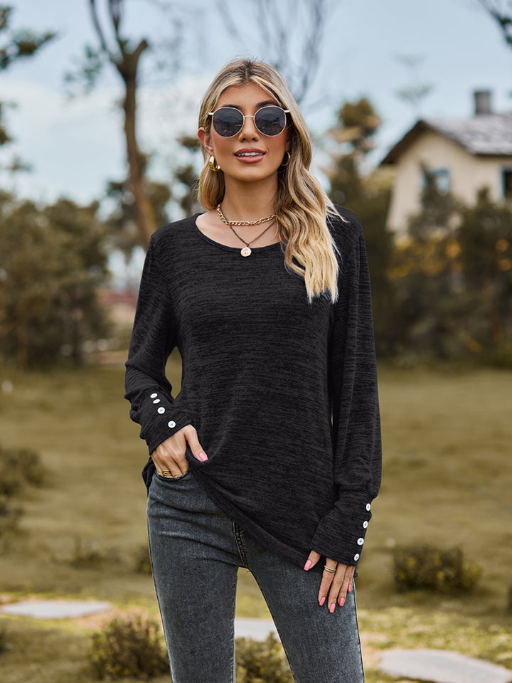 Round Neck Long Sleeve Buttoned T-Shirt NicholesGifts