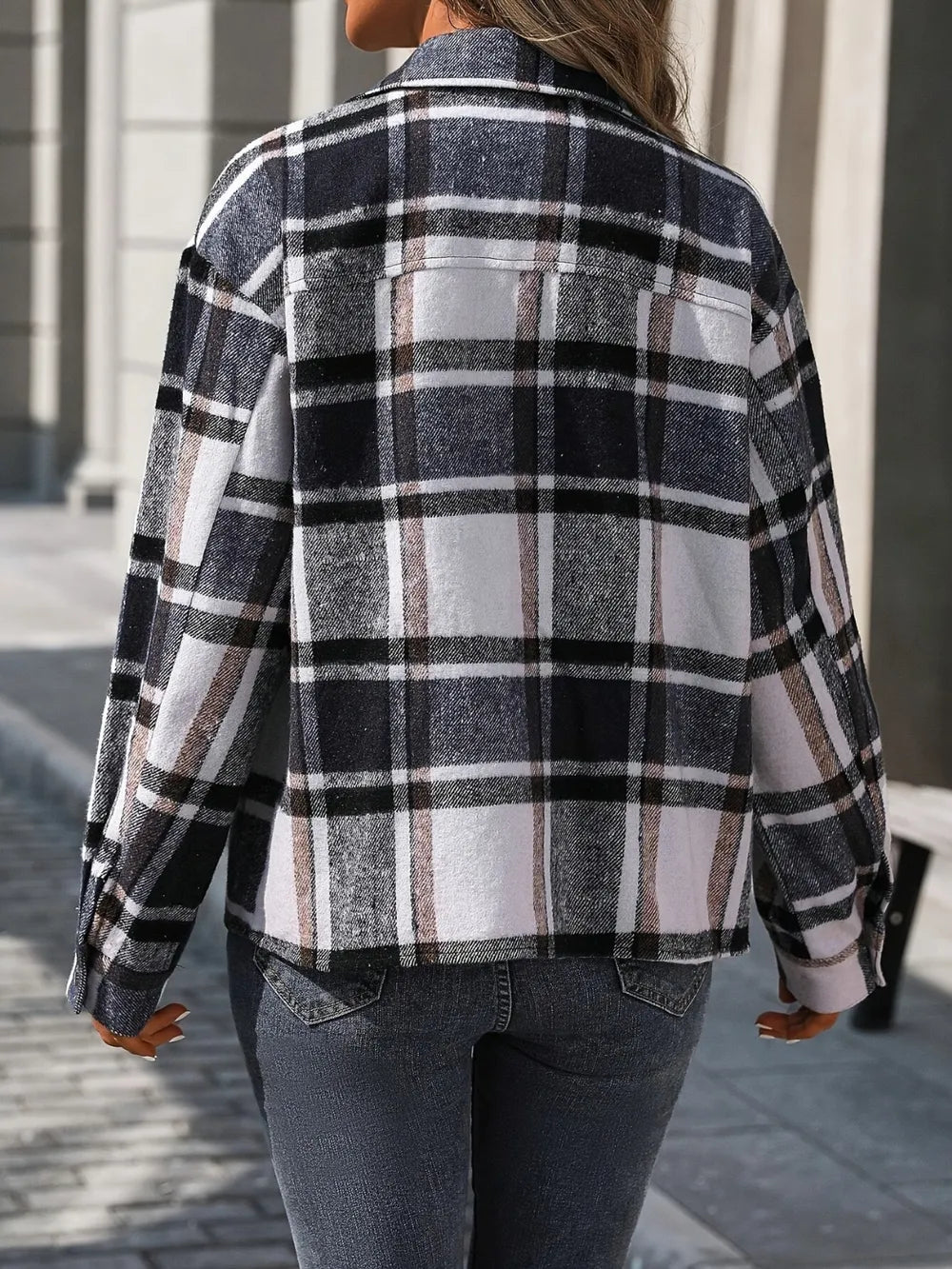 Plaid Button Up Drop Shoulder Jacket Trendsi
