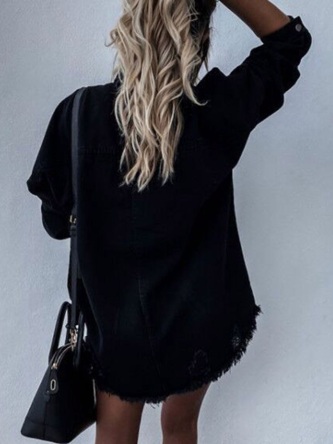 Raw Hem Collared Neck Long Sleeve Denim Jacket nicholesgifts