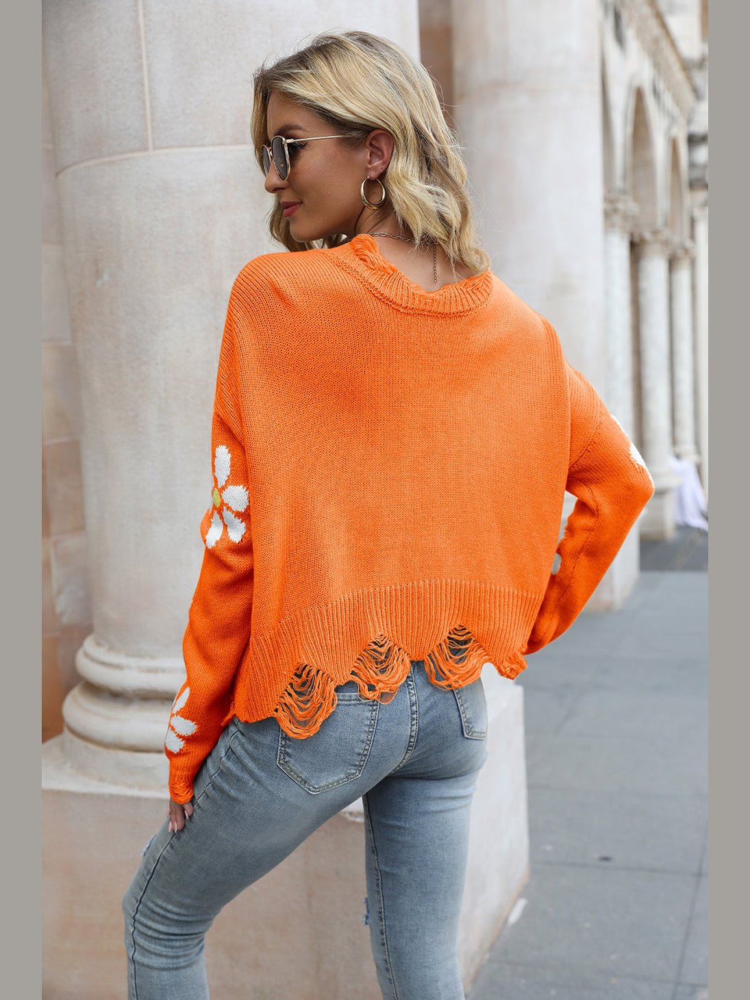 Flower Distressed Long Sleeve Sweater Trendsi