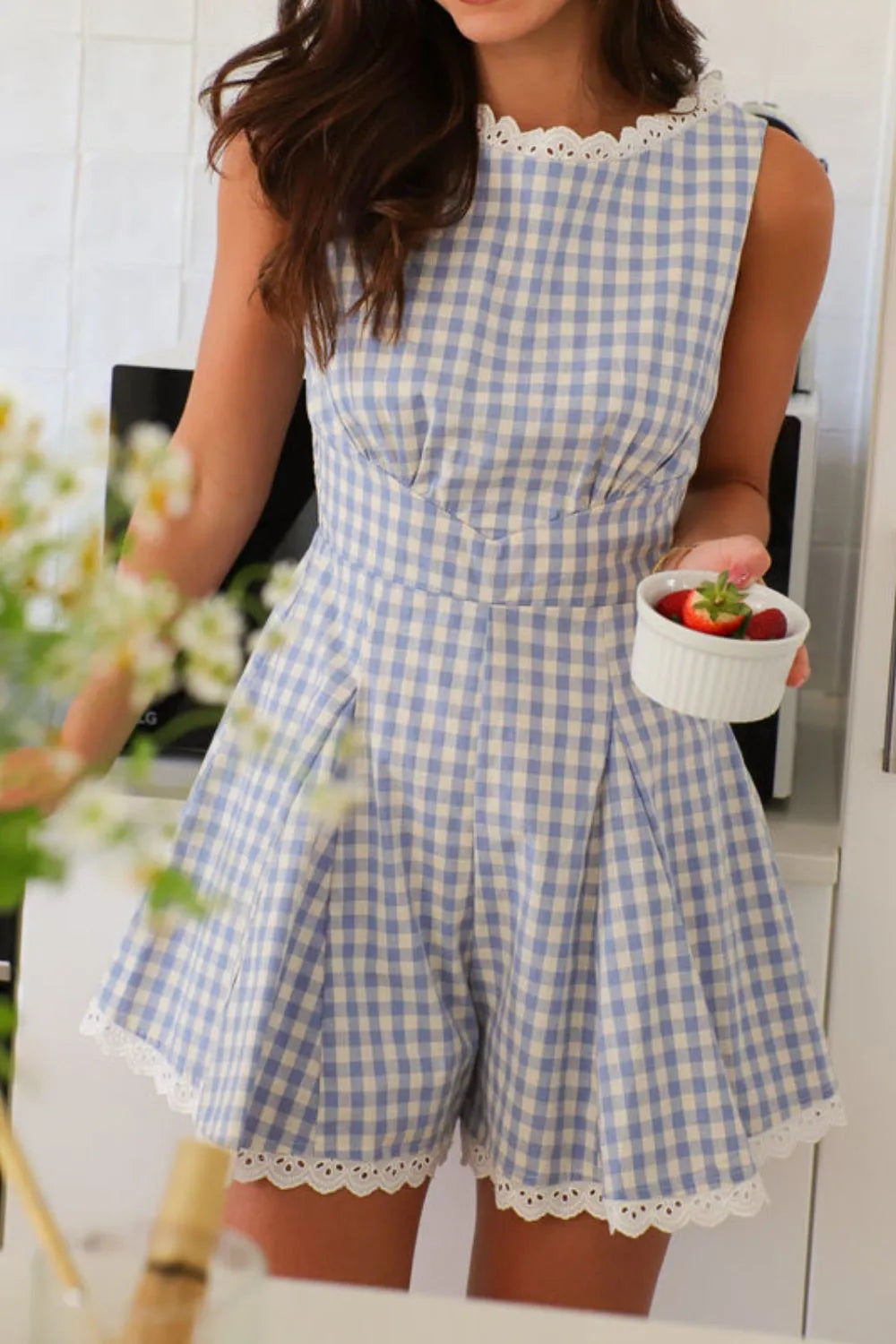 Lace Detail Plaid Sleeveless Romper Trendsi