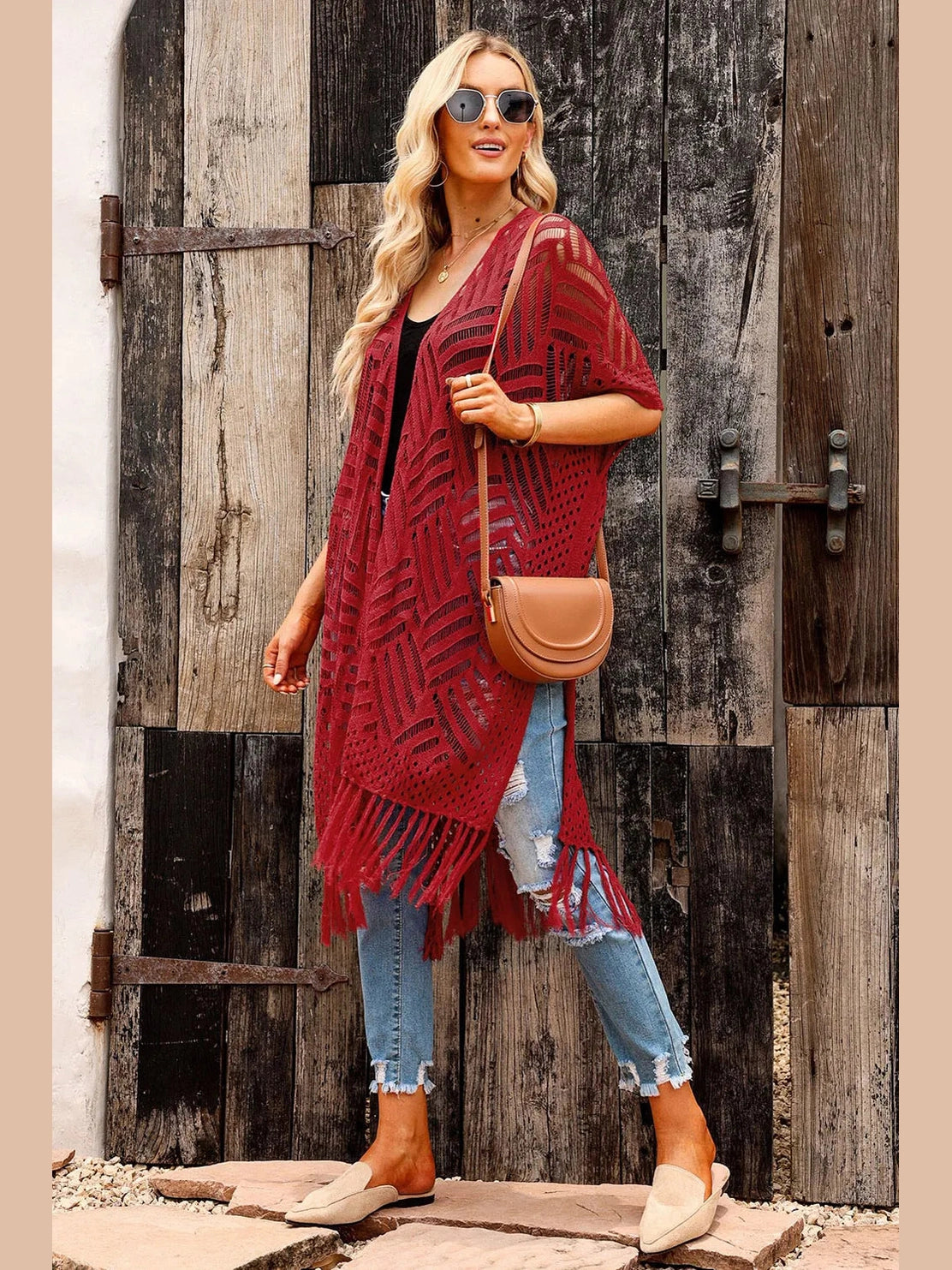 Openwork Open Front Cardigan with Fringes nicholesgifts