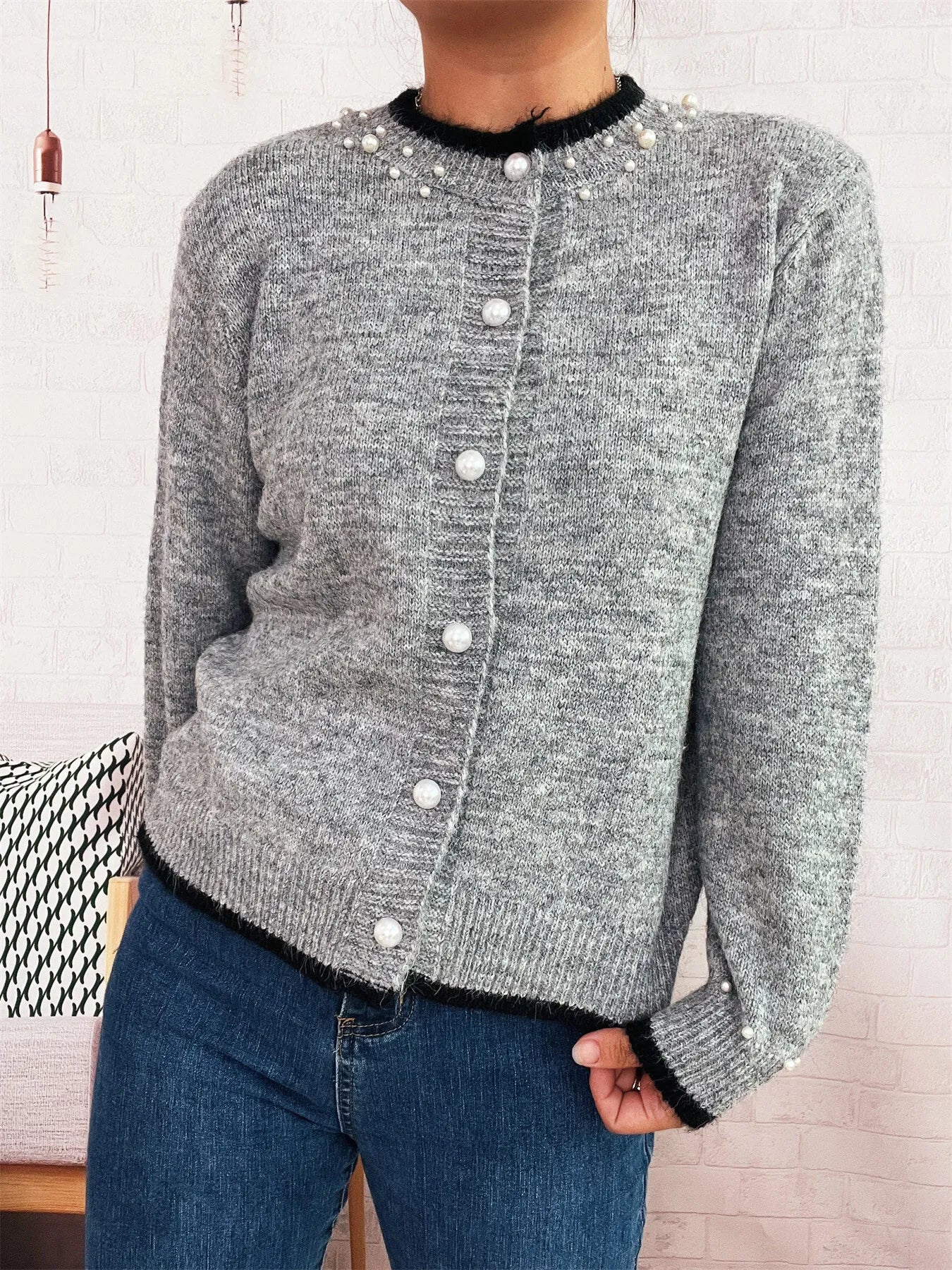 Pearl Embellished Button-Front Cardigan Trendsi