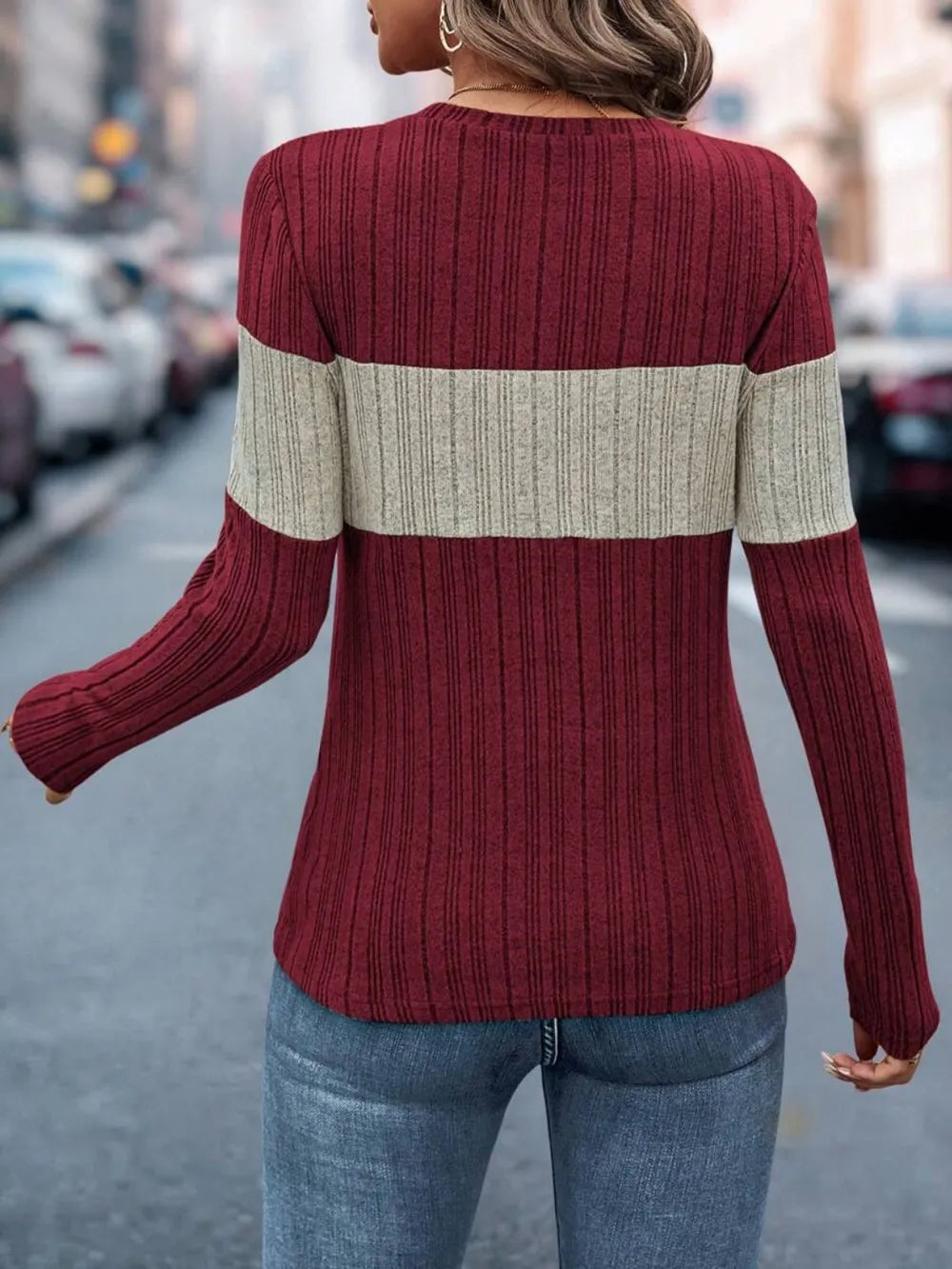 Color Block Round Neck Long Sleeve Top nicholesgifts