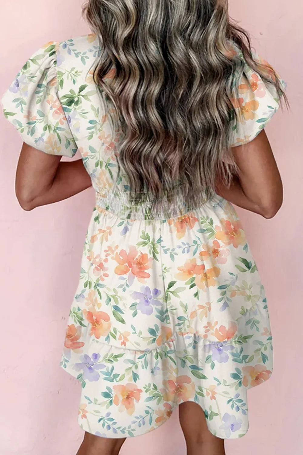Frill Notched Puff Sleeve Dress Trendsi
