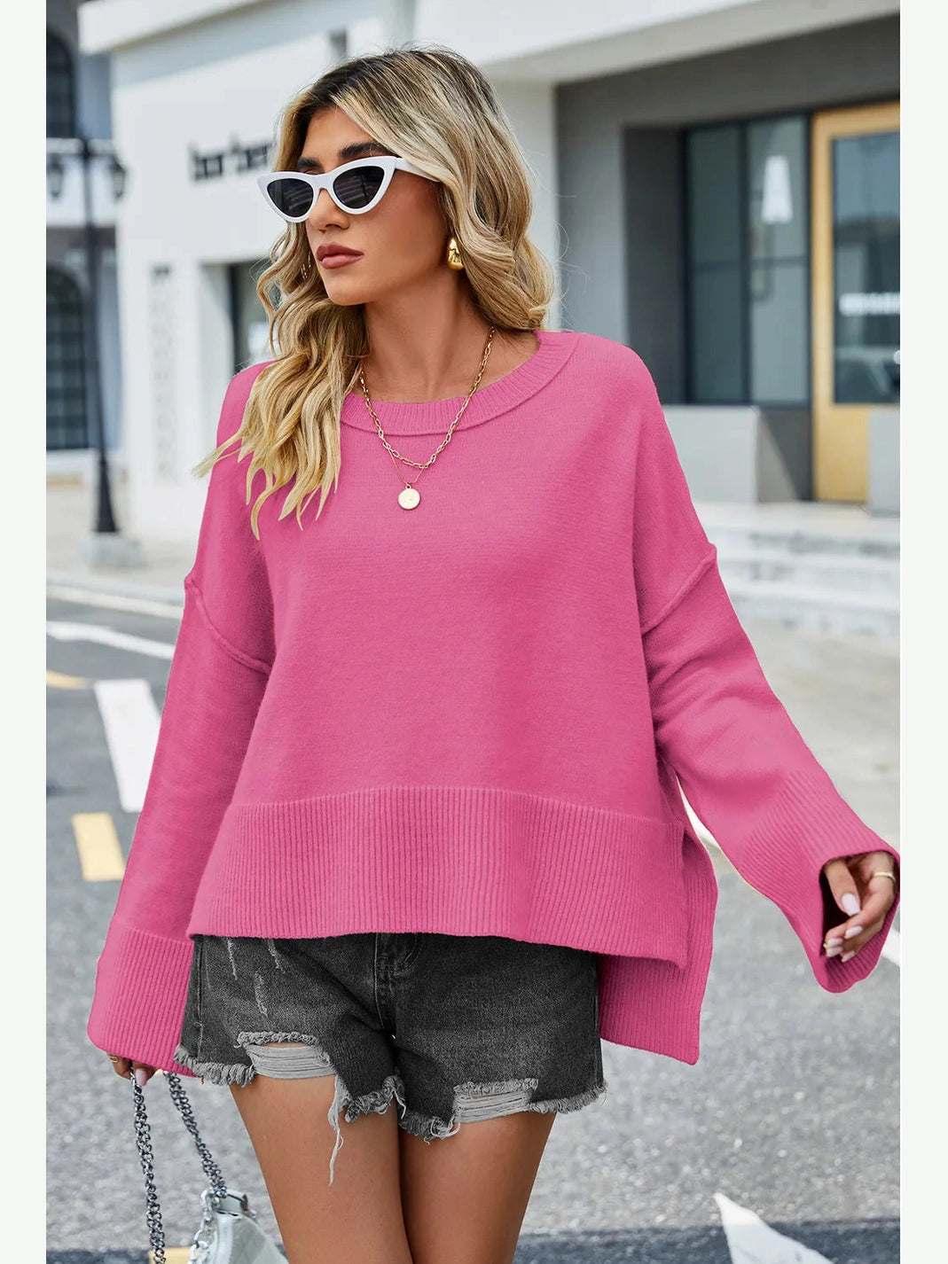 High-Low Slit Round Neck Long Sleeve Sweater nicholesgifts