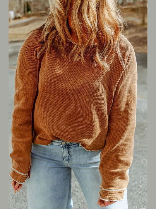 Plus Size Waffle-Knit Round Neck Long Sleeve Blouse NicholesGifts
