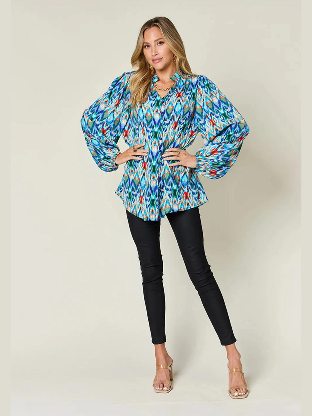 Double Take Full Size Printed Balloon Sleeve Blouse nicholesgifts