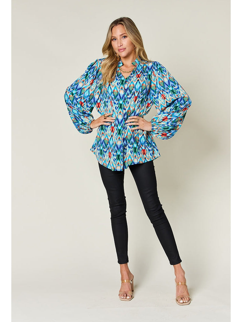 Women Double Take Full Size Printed Balloon Sleeve Blouse nicholesgifts