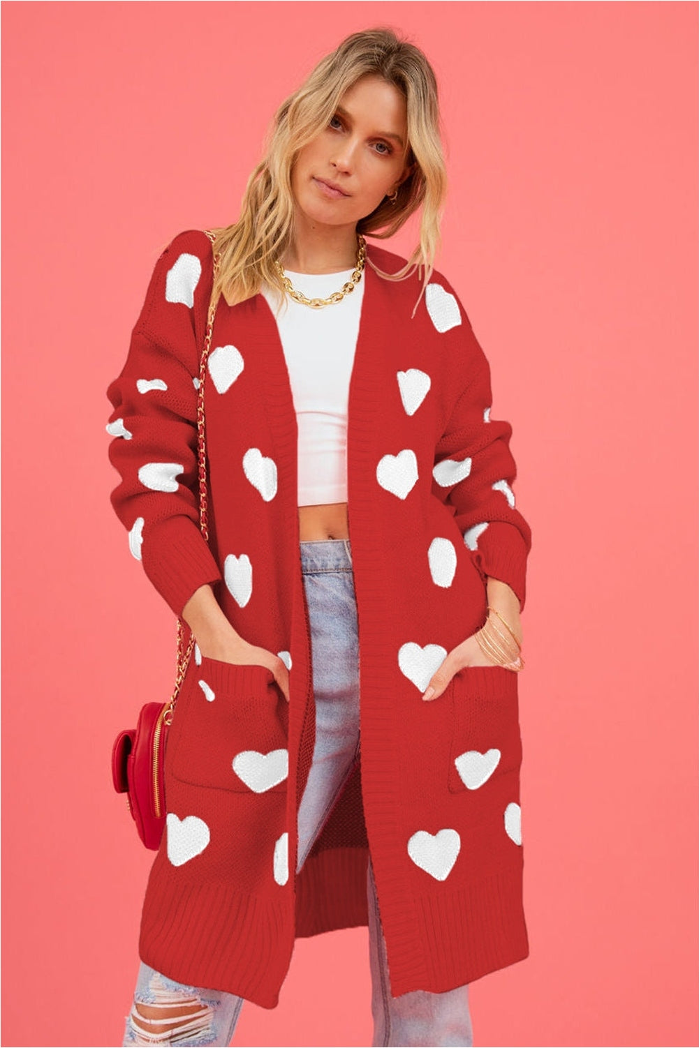 Heart Graphic Open Front Cardigan with Pockets nicholesgifts