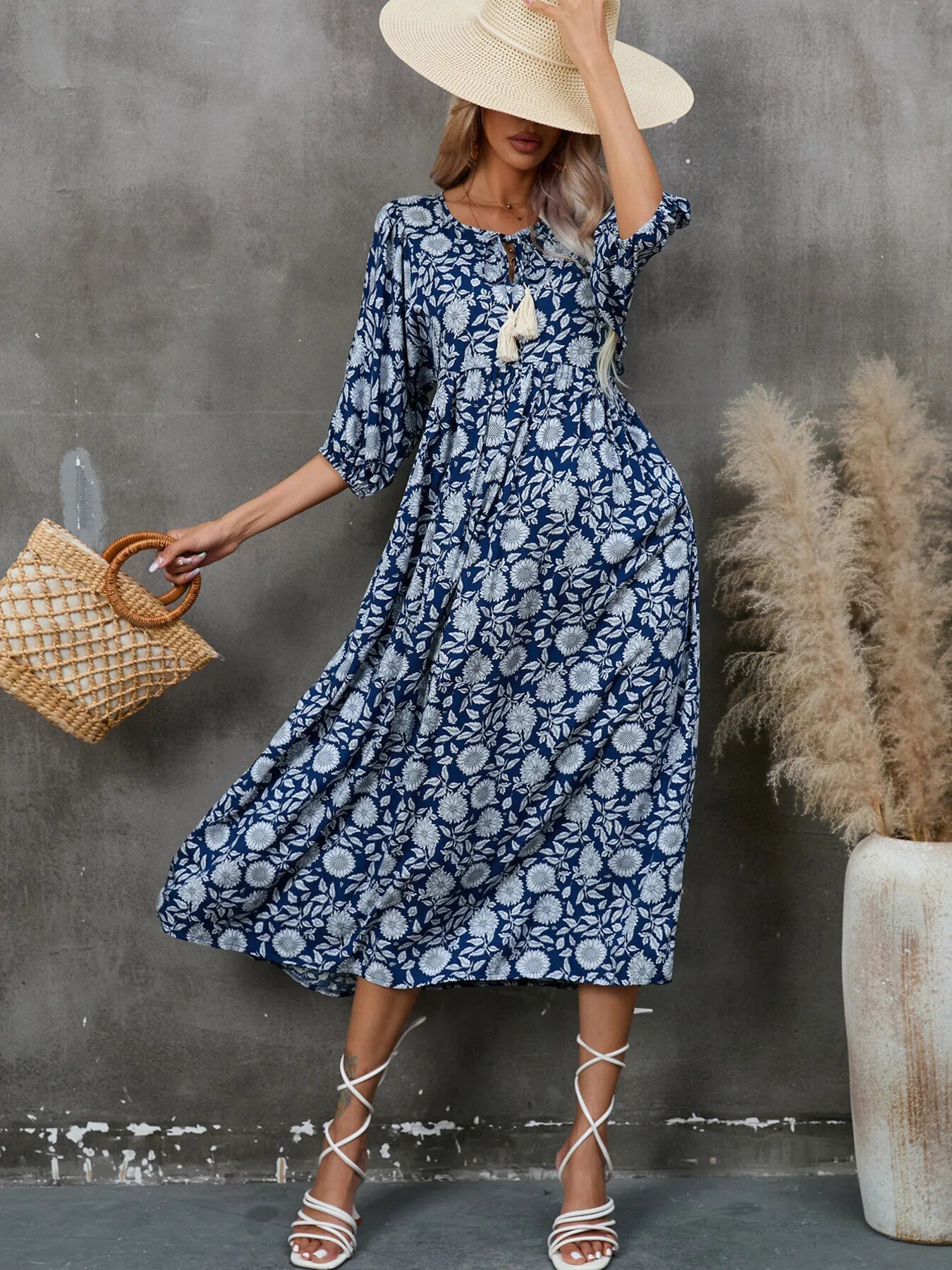 Printed Tie Neck Midi Dress NicholesGifts