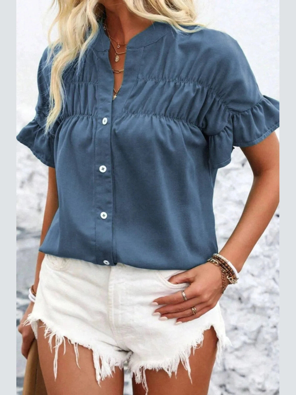 Ruffled Ruched Short Sleeve Button Down Shirt