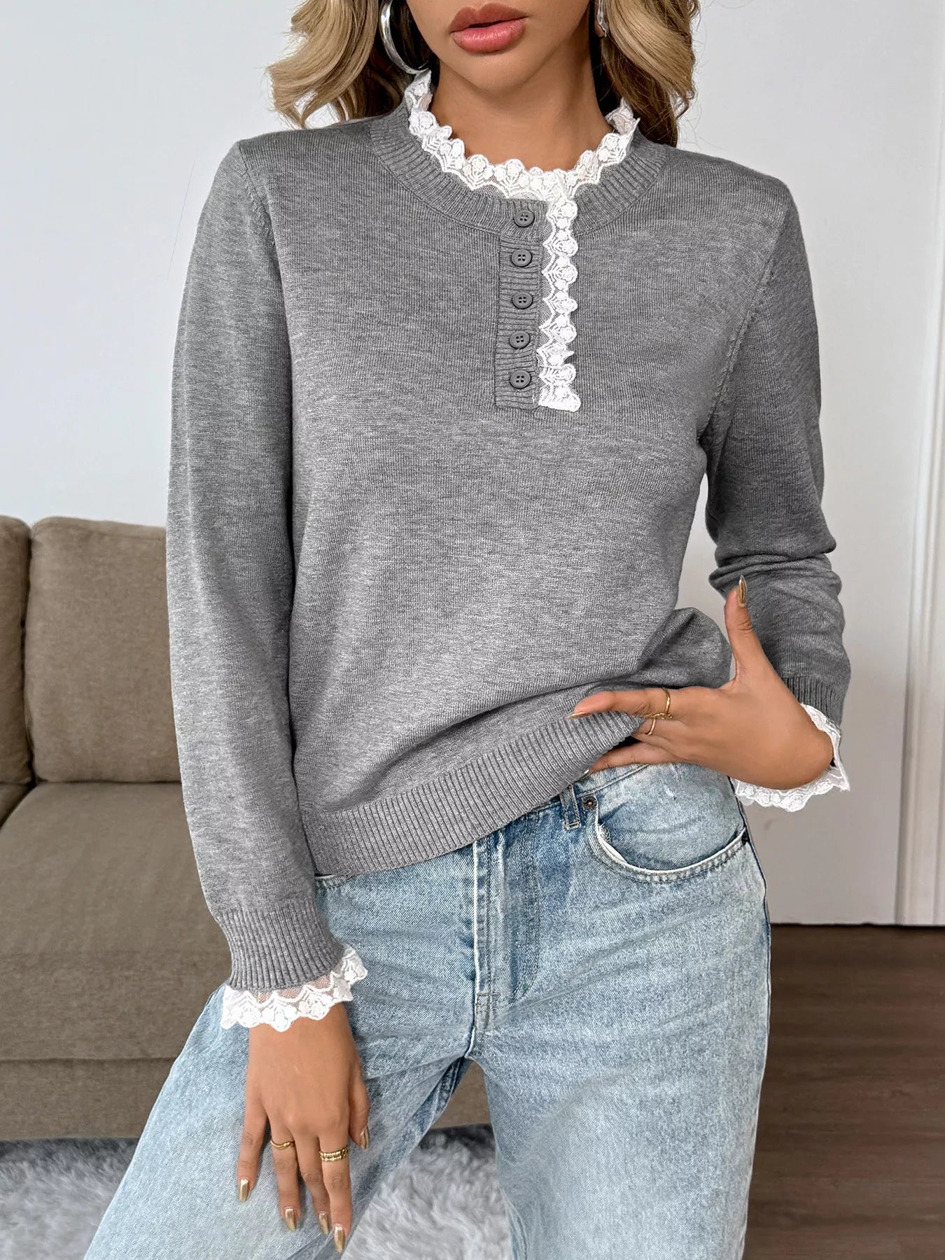 Lace Trim Button Detail Long Sleeve Knit Top Trendsi