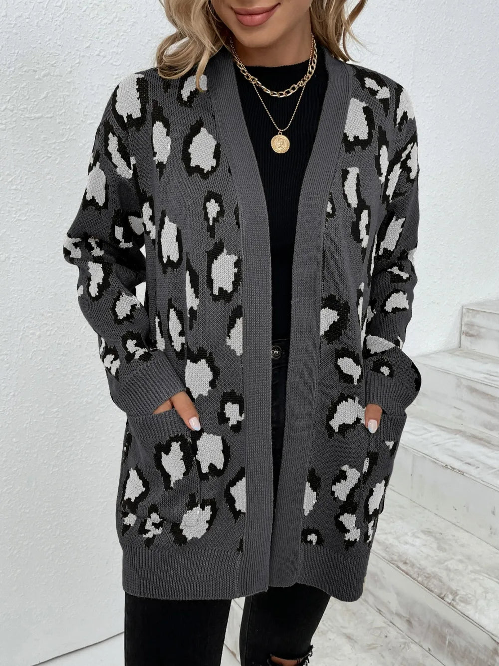 Women Leopard Open Front Dropped Shoulder Cardigan nicholesgifts