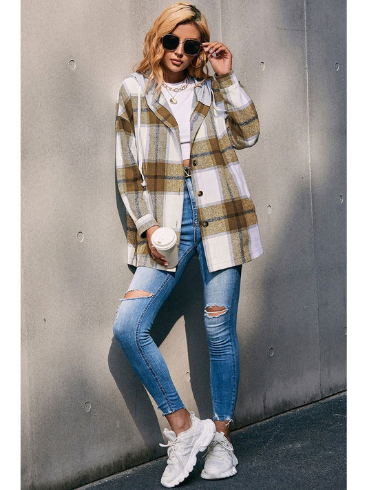 Women Ivy Lane Plaid Dropped Shoulder Hooded Jacket nicholesgifts