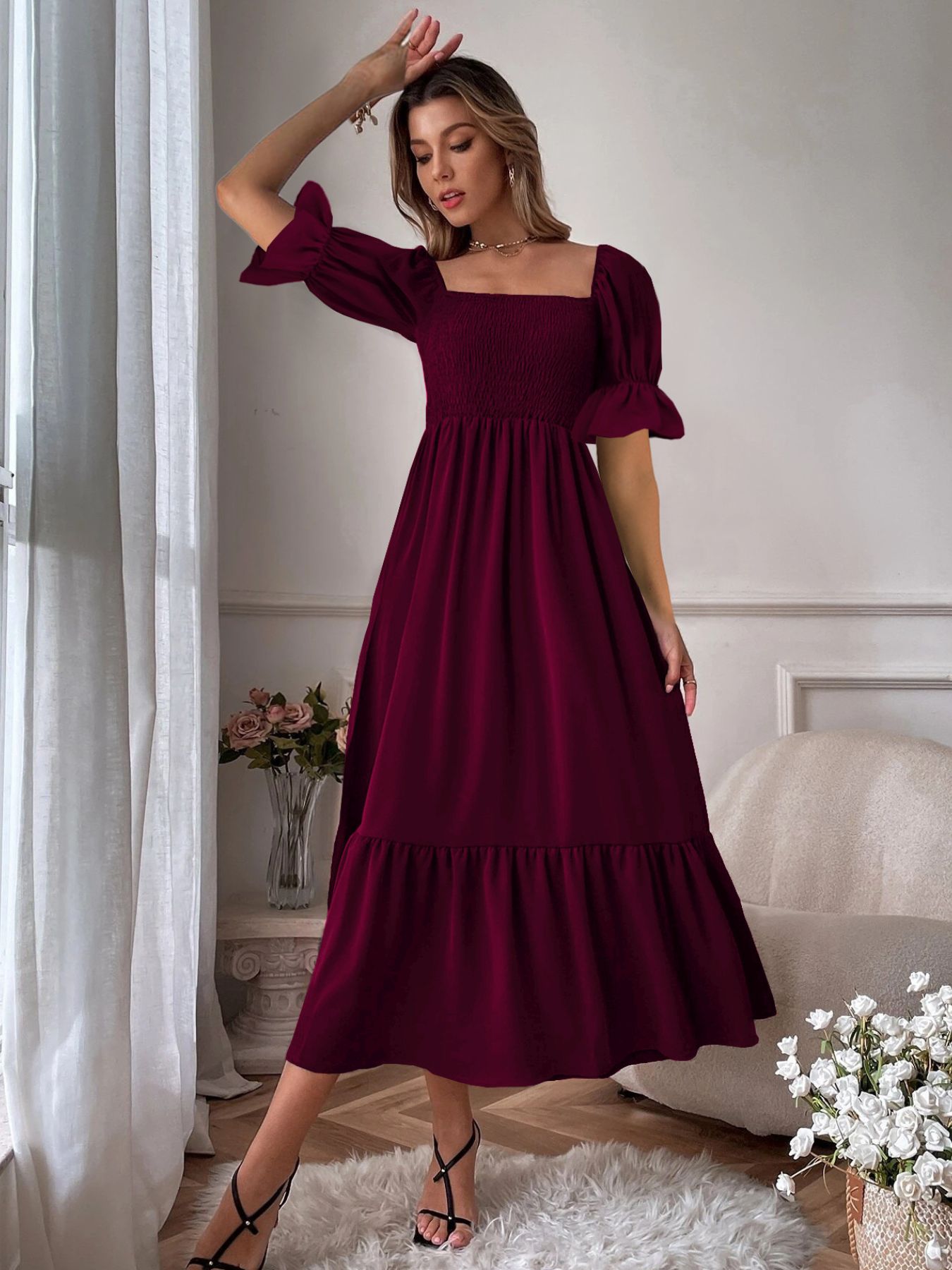 Smocked Long Sleeve Midi Dress nicholesgifts