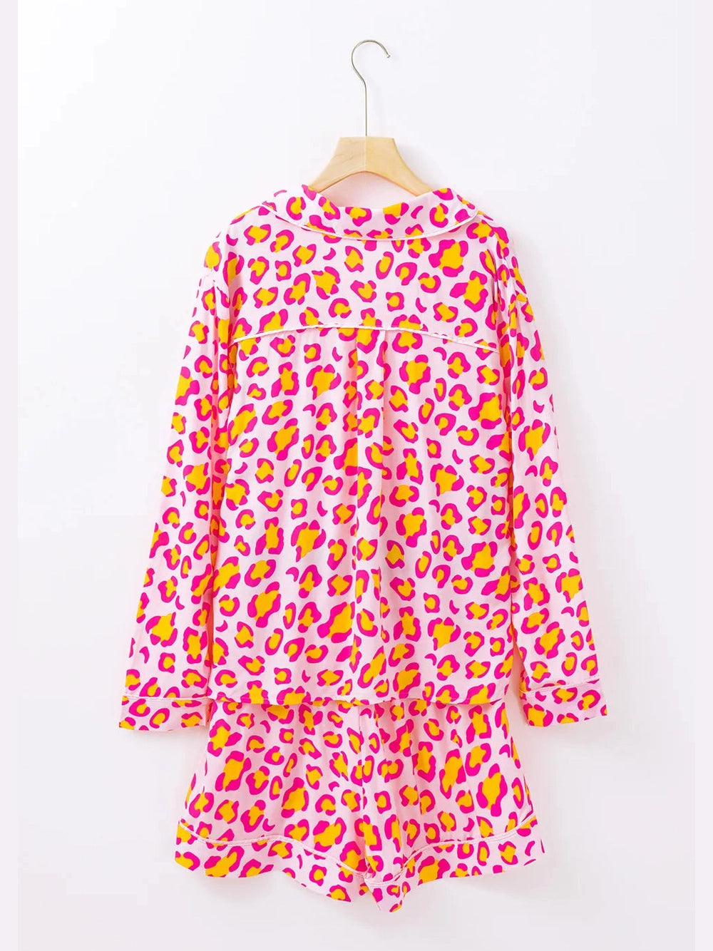 Leopard Collared Neck Long Sleeve Top and Shorts Lounge Set nicholesgifts