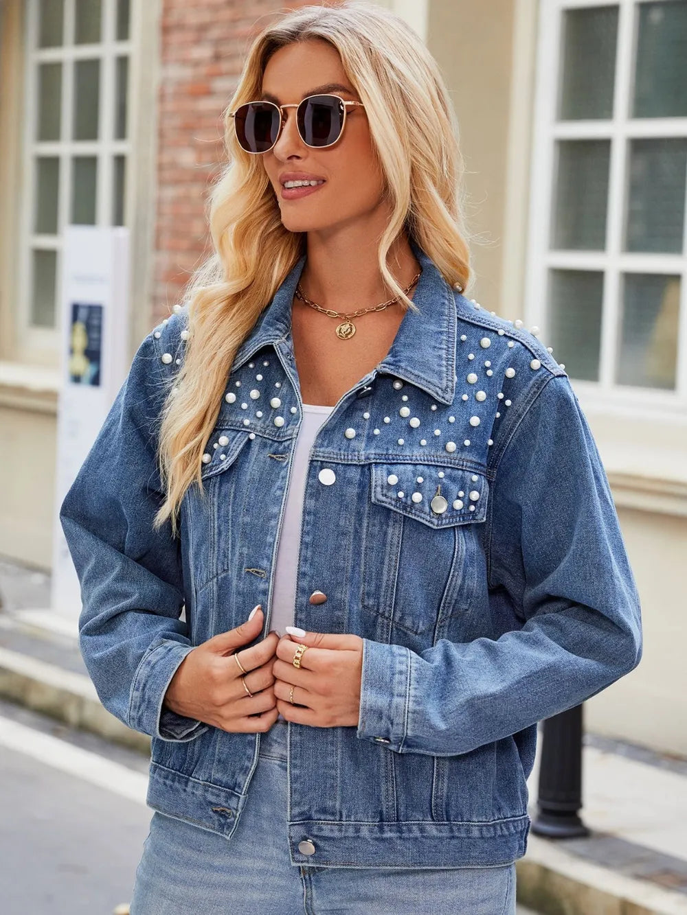 Pearl Detail Collared Neck Long Sleeve Denim Jacket nicholesgifts
