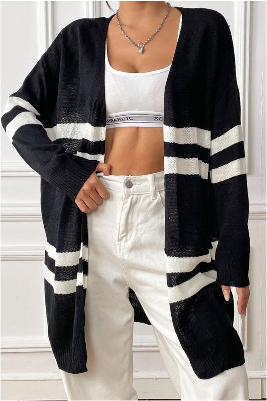 Women Striped Open Front Dropped Shoulder Cardigan NicholesGifts