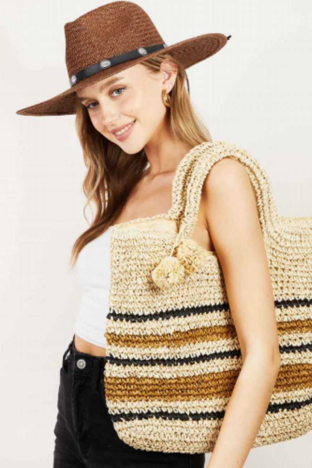 Women Fame Striped Straw Braided Tote Bag nicholesgifts