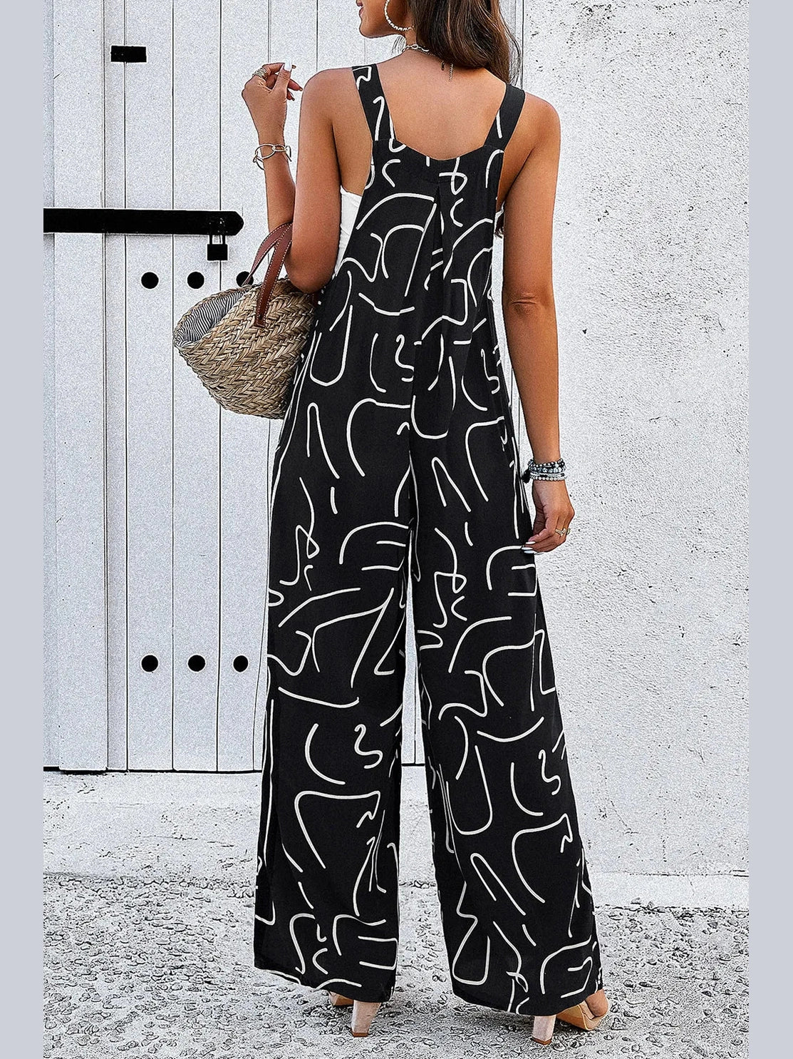 Devine Printed Wide Strap Jumpsuit with Pockets nicholesgifts