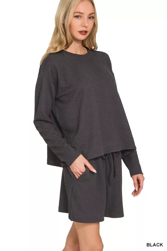 Zenana Corded Rib Long Sleeve Tee and Shorts Set Trendsi