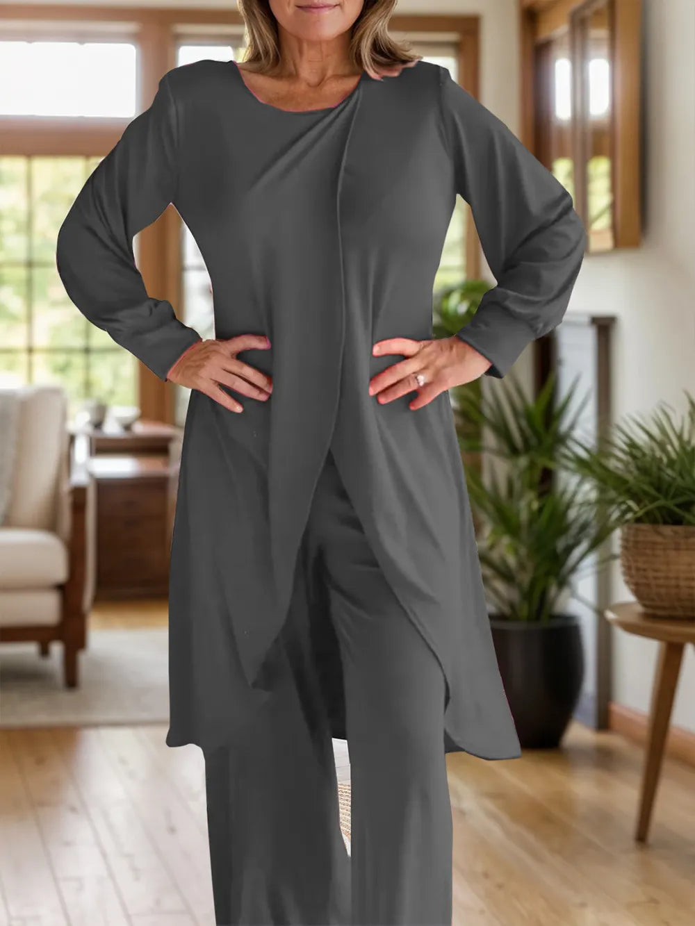Full Size Slit Round Neck Long Sleeve Top and Pants Set Trendsi