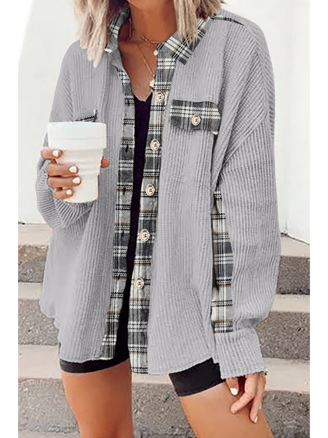 Plaid Button Down Collared Jacket nicholesgifts