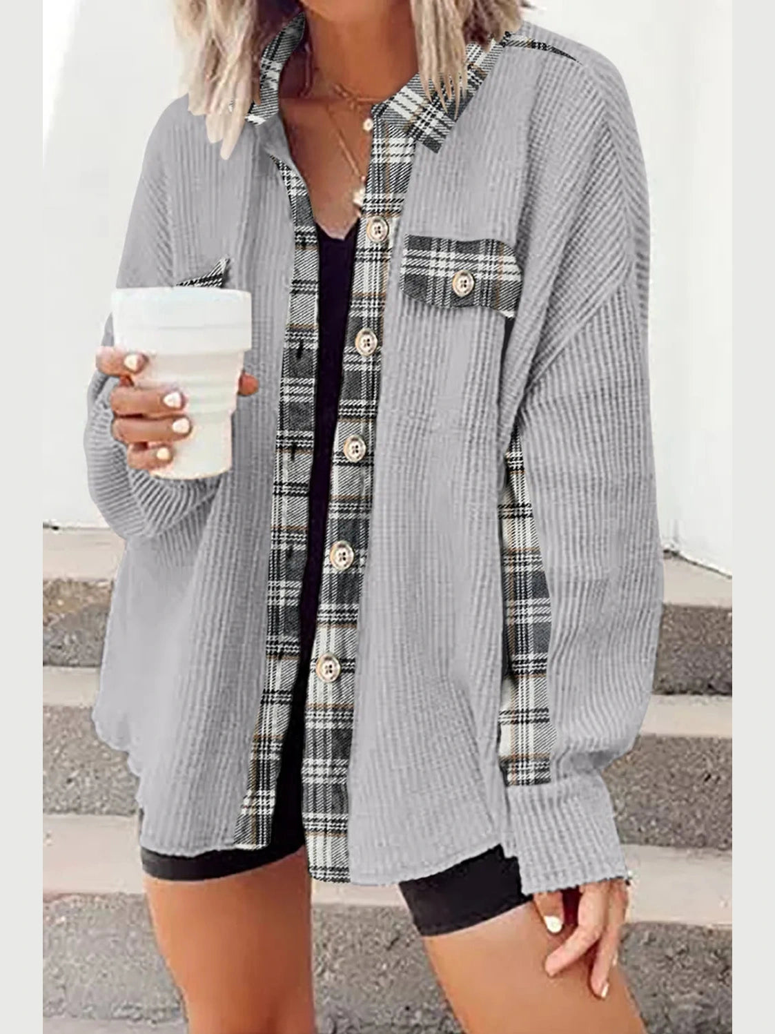 Plaid Button Down Collared Jacket nicholesgifts