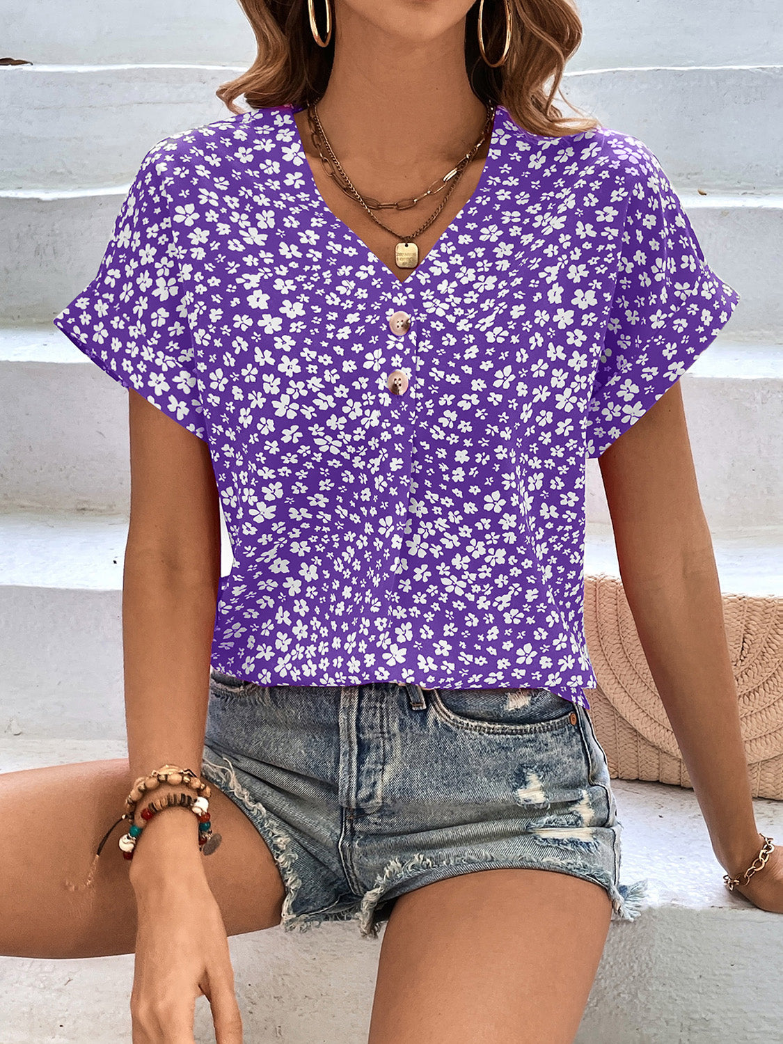 Printed V-Neck Short Sleeve Blouse nicholesgifts