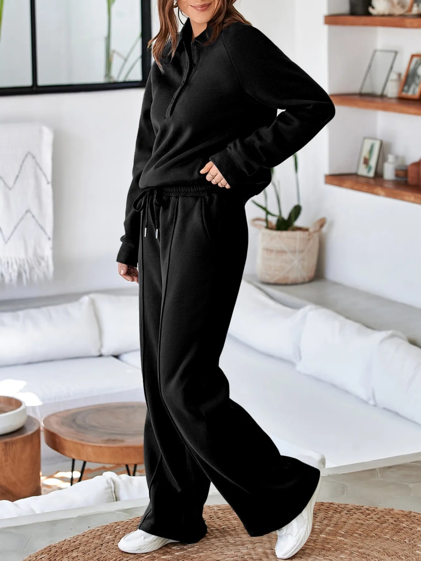 Collared Sweatshirt and High Waist Pants Active Set nicholesgifts