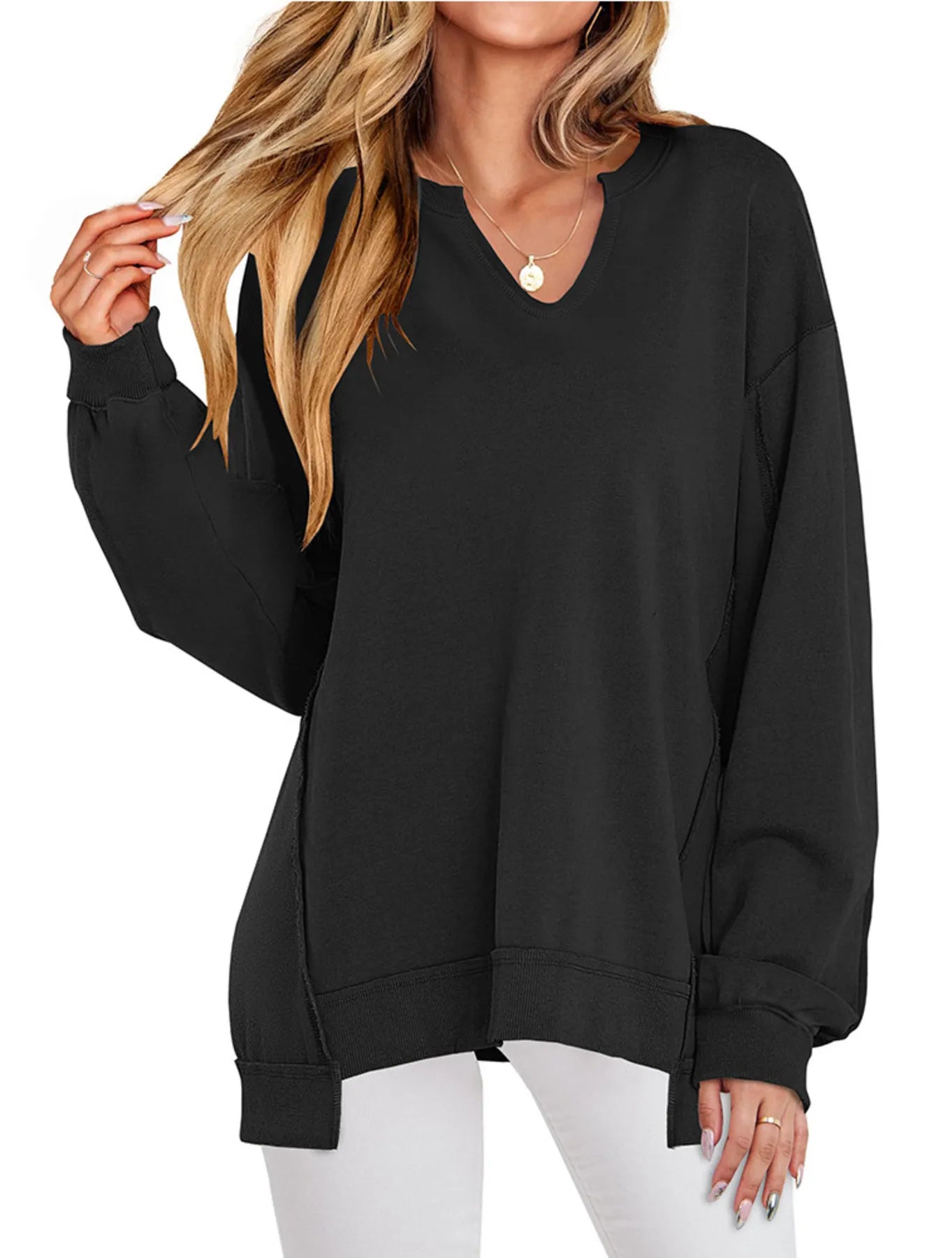 Notched Long Sleeve Oversized Sweatshirt