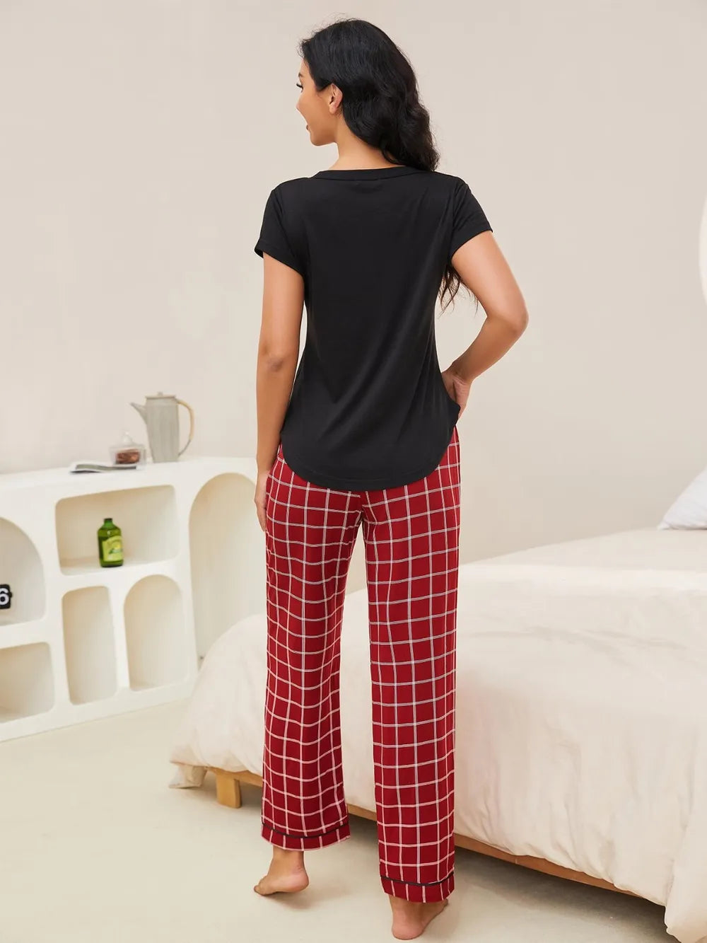 V-Neck Short Sleeve Top and Pants Lounge Set nicholesgifts