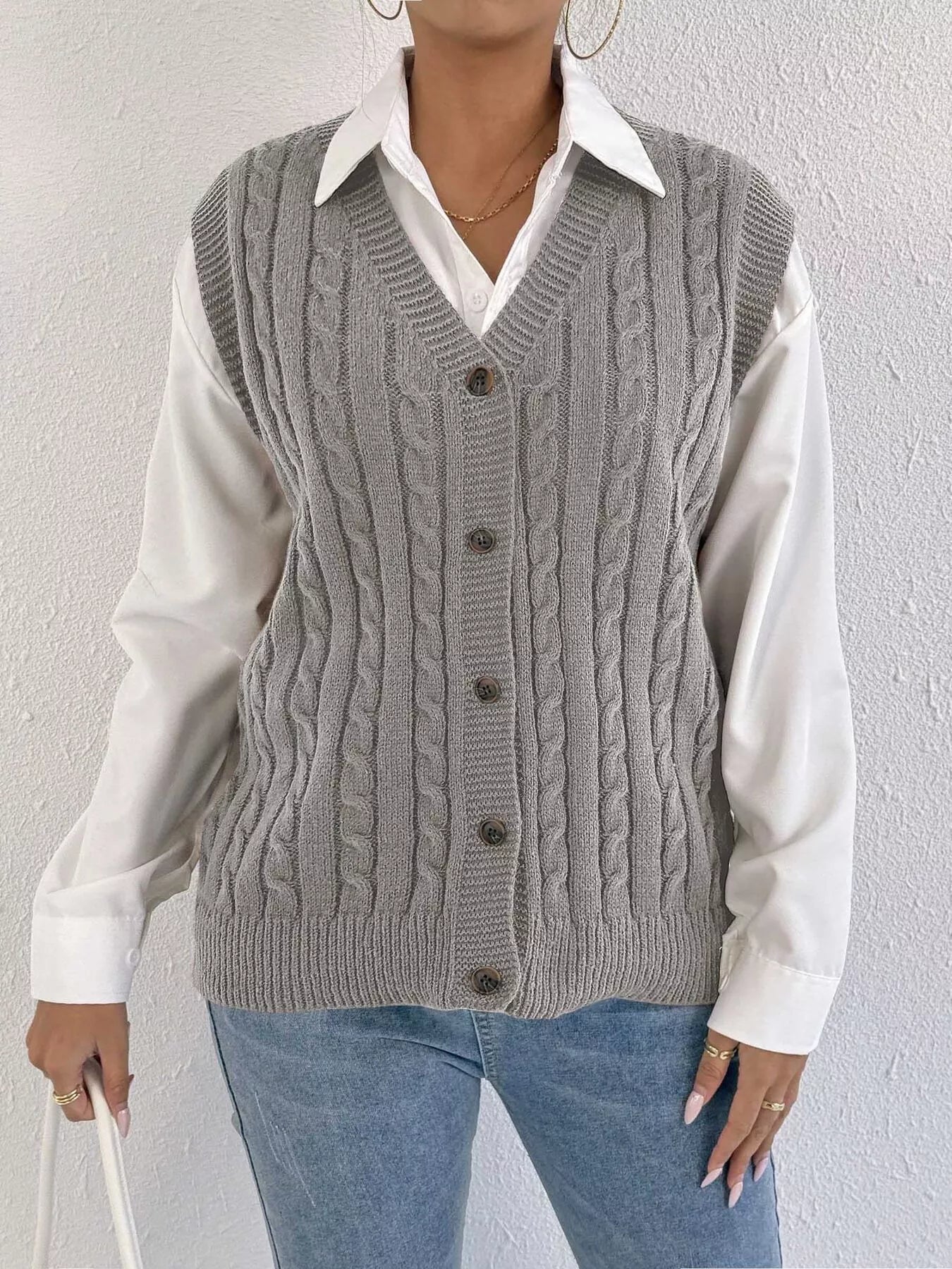 Cable-Knit Button-Up Sweater Vest nicholesgifts